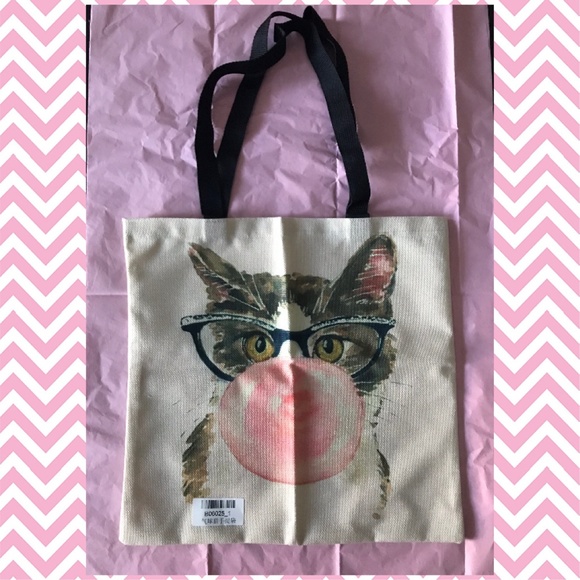 Linen Tote Bag  (Bubble Gum Face Cat) - Picture 2 of 4
